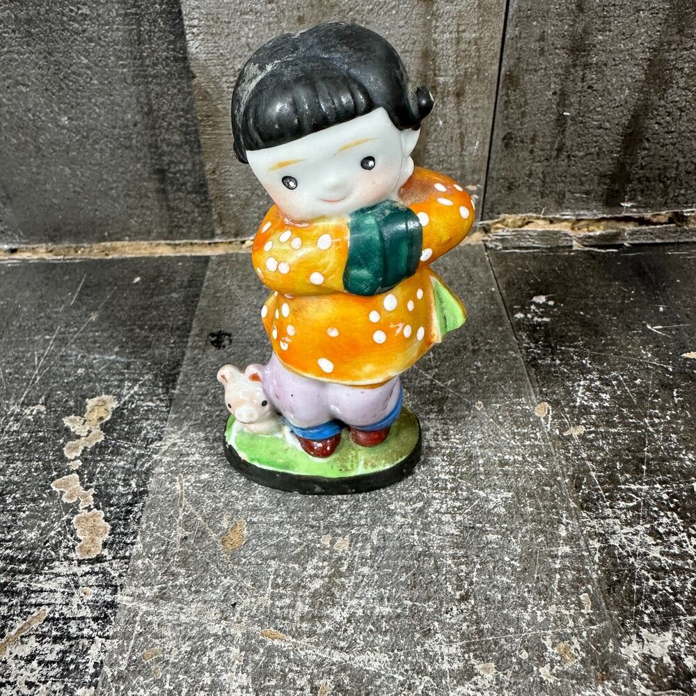 Vintage‎ Girl with Pig Occupied Japan Figure Japanese Figurine Polka Dot